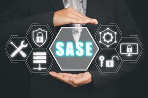 Secure Access Service Edge concept, Person hand holding Secure Access Service Edge icon on virtual screen background, password, network, framework and support. photo