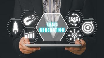 Lead Generation concept, Person using digital tablet with Lead Generation icon on virtual scren. photo