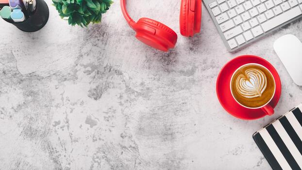 Office desk workplace with keyboard computer, mouse, notebook, headphone and cup of coffee, Top view flat lay with copy space. photo