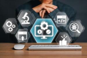Visual representation of software testing with digital icons and a computer keyboard, symbolizing quality assurance and technology. photo