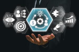 Visual representation of a business model concept with futuristic icons and technology elements, ideal for modern enterprises. photo