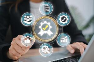 Visual representation of quality assurance with icons symbolizing standards, process improvement, and business efficiency. photo
