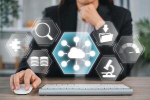 Explore the dynamic world of big data with a futuristic digital interface showcasing cloud computing in a modern business setting. photo