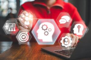 Digital interface showcasing natural language processing and AI concepts with human brain and technology icons. photo
