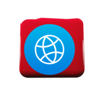 A red button with a blue globe on it flat png