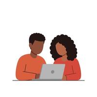 Two persons are sitting at a table with a laptop vector