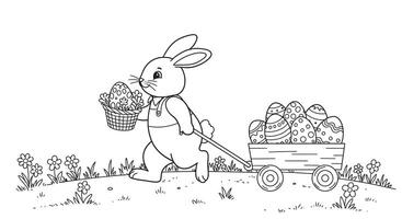 Outline of an Easter Bunny Pulling a Small Wagon Filled With Decorated Easter Eggs vector