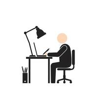 A man is sitting at a desk with a laptop and working vector