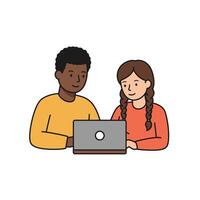 Two people are sitting at a table with a laptop vector