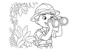 A coloring page with a boy looking through binoculars vector