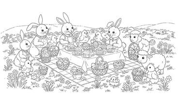 Outline of a Group of Animals Bunnies Chicks and Lambs Having an Easter Picnic With a Table Filled With Treats and Easter Eggs vector