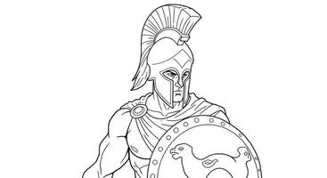 A Simple but Powerful Illustration of Ares Wearing a Greek Warrior Helmet and Holding a Shield vector