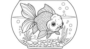 A Goldfish With Flowing Fins and a Cheerful Face Swimming in a Bowl With Pebbles and a Small Plant vector