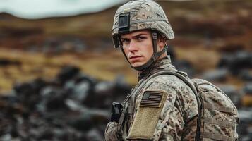 Soldier in Combat Uniform with Tactical Gear in Outdoor Terrain, Concept of Military Service, Duty, Patriotism, Armed Forces, and Tactical Readiness photo