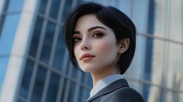 Confident Young Businesswoman in Formal Attire with Modern Skyscraper Background, Concept of Leadership, Ambition, Professionalism, and Success photo