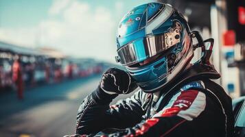 Race Car Driver in Blue Helmet Preparing in Pit Lane, Concept of Motorsport, Speed, Competition, and Professional Racing photo