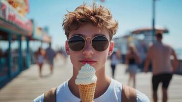Young Man Holding Ice Cream Cone on Sunny Boardwalk, Wearing Round Sunglasses, Summer Beach Vibes, Casual Vacation Style, Tourist Destination, Fun Day Out, Relaxed Coastal Atmosphere photo