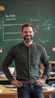 sonriente masculino profesor en pie con confianza en aula, concepto de educación, liderazgo, profesionalismo, académico tutoría, y positivo aprendizaje ambiente foto