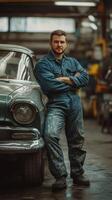 Confident Mechanic Leaning on Classic Car in Auto Repair Shop, Concept of Automotive Expertise, Skilled Trades, Restoration, and Workshop Environment photo