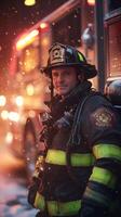 Firefighter Standing in Front of Fire Truck Amidst Glowing Sparks, Concept of Heroism, Emergency Response, Firefighting, Public Safety, Brave First Responders photo