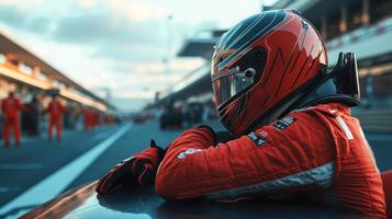 Focused Race Car Driver in Red Racing Suit Leaning on Vehicle in Pit Lane, Concept of Motorsport, Speed, Competition, and Professional Racing photo