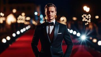Elegant Man in Tuxedo Standing on Red Carpet at Night, Concept of Glamour, Celebrity Events, Formal Fashion, and Luxury Lifestyle photo