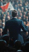 Speaker Addressing a Large Audience in a Conference or Political Rally, Concept of Leadership, Public Speaking, Inspiration, Governance, and Communication photo