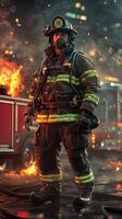Firefighter in Full Gear Standing Amidst Flames and Smoke, Concept of Heroism, Emergency Response, Firefighting Action, Public Safety, Brave First Responder in Action photo