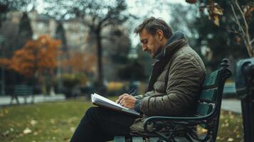 Man writing in notebook on park bench, autumn setting, peaceful fall day, creative journaling outdoors, serene reflection in nature, focus and contemplation, cozy autumn outfit. photo
