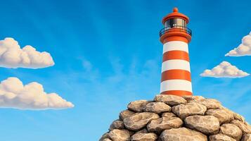 A cheerful cartoon lighthouse standing on rocks against a bright blue summer sky with fluffy white clouds, a beacon of hope and gu photo