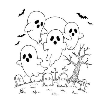 Outline of Cheerful Floating Ghosts in a Graveyard With Simple Headstones, a Spooky Tree and Bats in the Background vector