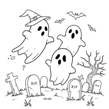 Outline of Cheerful Floating Ghosts in a Graveyard With Simple Headstones vector