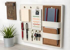 A white wall mounted organizer with a cork board photo