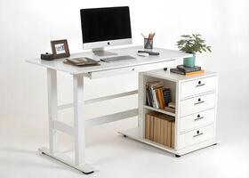 A white computer desk with a computer and a printer photo