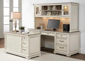 A white desk with a computer and a hutch photo