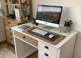A computer desk with a keyboard, mouse and monitor photo