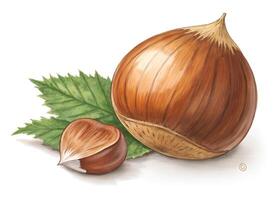 A realistic illustration features a large and a small brown chestnut with smooth, shiny surfaces photo