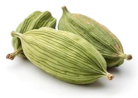 Three green cardamom pods are placed on a white background photo