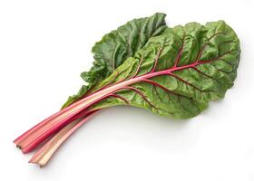 Bright green Swiss chard leaves with vibrant red stems rest on a smooth white surface photo