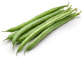 Long green beans displayed on a white background. They are slender, straight, and elongated with smooth surfaces photo