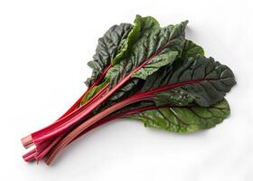 A bunch of Swiss chard leaves features deep green, crinkled surfaces with rich crimson veins and stalks photo