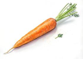 A single, whole carrot with its green tops is placed on a white surface photo