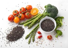 On a white background, fresh vegetables and seeds are arranged photo