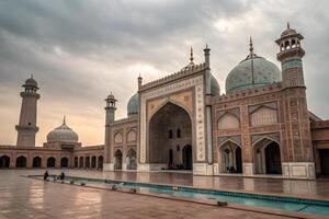 A magnificent mosque with intricate architecture featuring large domes and minarets photo