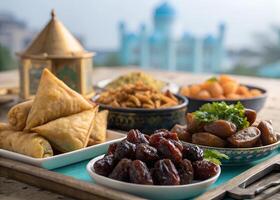 A selection of dishes on a table includes dates in a white bowl, golden samosas photo