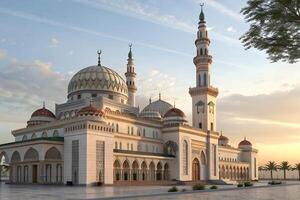 A majestic mosque is depicted with intricate architectural details, featuring large domes and multiple minarets photo