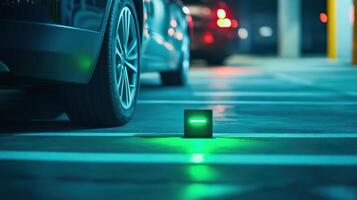 Closeup of a vehicle parking in a marked spot under a sensor equipped with IoT technology. The device glows green signaling that the space is available and connected to a centralize photo