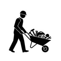 A man pushing a wheelbarrow with tools in it vector