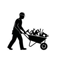 Silhouette of a man pushing a wheelbarrow with tools vector