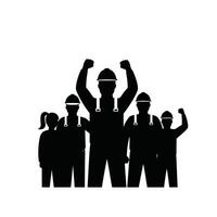 Silhouette of a group of people with their hands up vector